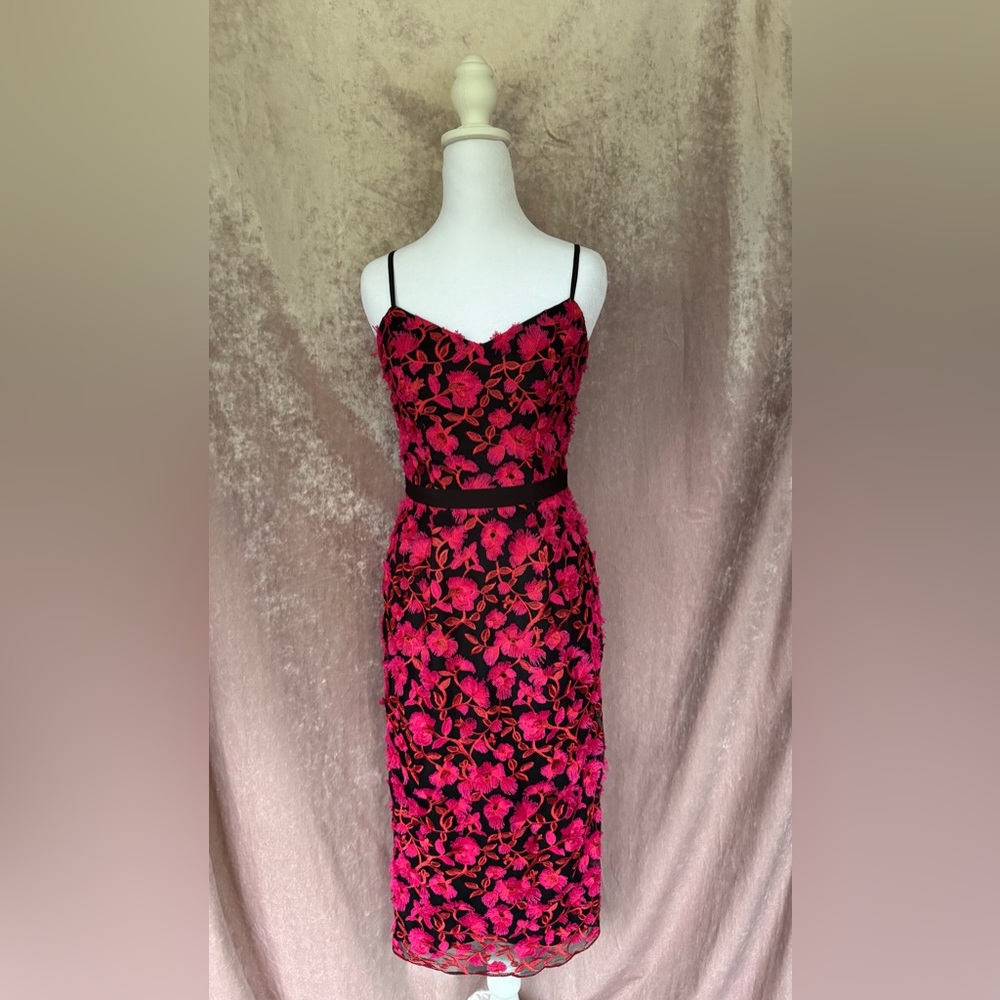 DRESS THE POPULATION Emma Pink Orange Floral 3D Embroidered Dress Sheath Bodycon - Picture 3 of 9